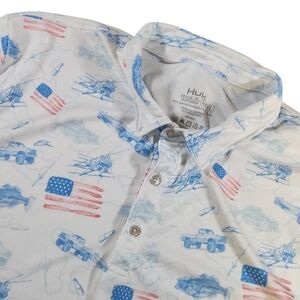 Huk Polo Shirt Men's 3XL Red White Blue Flag Fish Print Short Sleeve Fishing